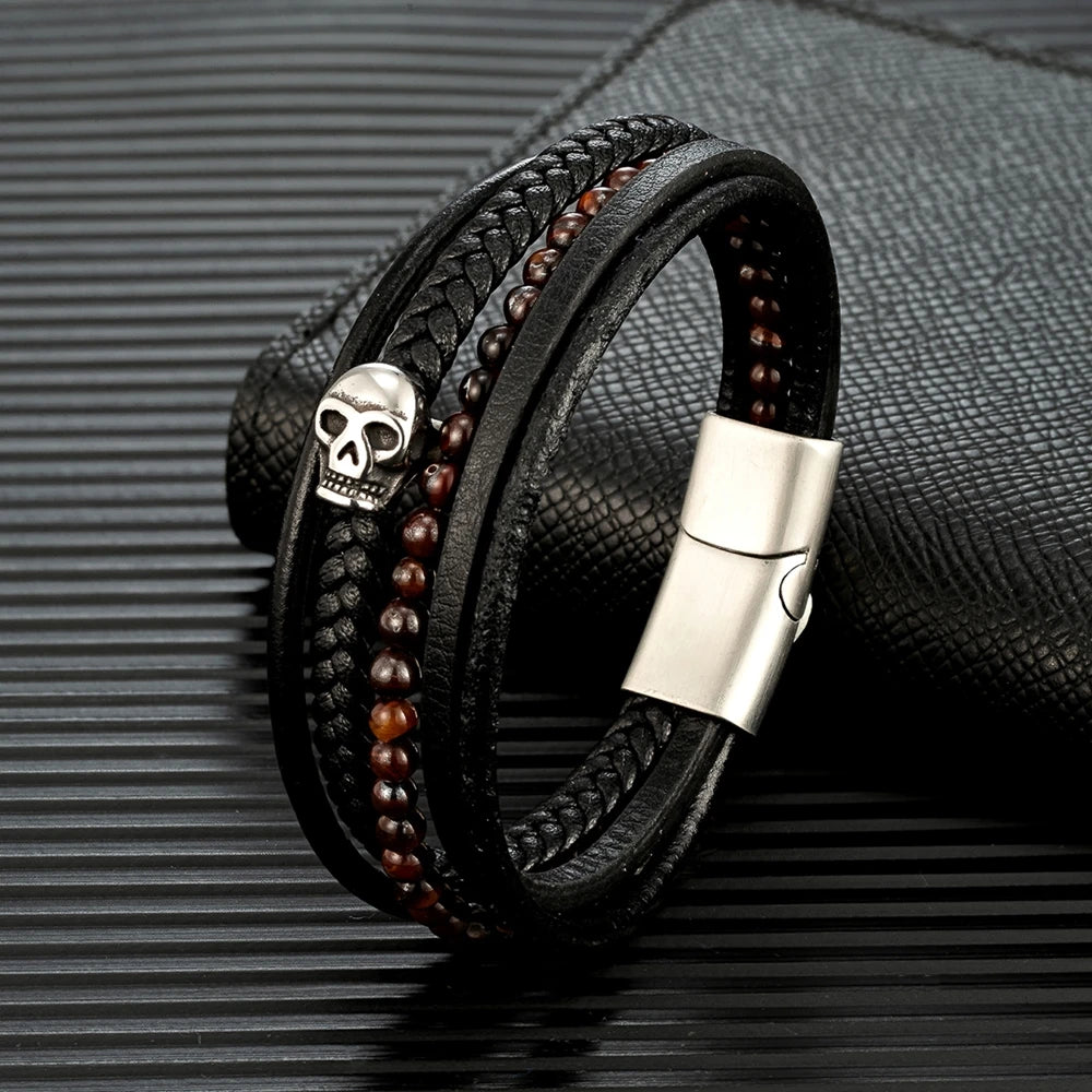 Retro Punk Lava Beaded Skull Leather Bracelet for Men. Badass birthday gifts. Badass Christmas gifts for badasses. Badass skull accessories. Valentine gifts for him and her. Anniversary gift for him and her. Anniversary gift for my badass husband and wife. Badass Birthday gift for my badass boyfriend and girlfriend. Badass Birthday gift for my badass husband and wife. Coolest gift for dad.