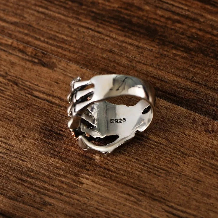 Sterling Silver Skeleton Hand Ring with Rose Gold Skull - Badass Skull Ring. Skull rings for men and women. Badass gifts for badass. Badass birthday gifts. Badass Christmas gifts for badasses. Badass skull accessories. Valentine gifts for him. Anniversary gift for him. Anniversary gift for my badass husband. Badass Birthday gift for my badass boyfriend. Badass Birthday gift for my badass husband.