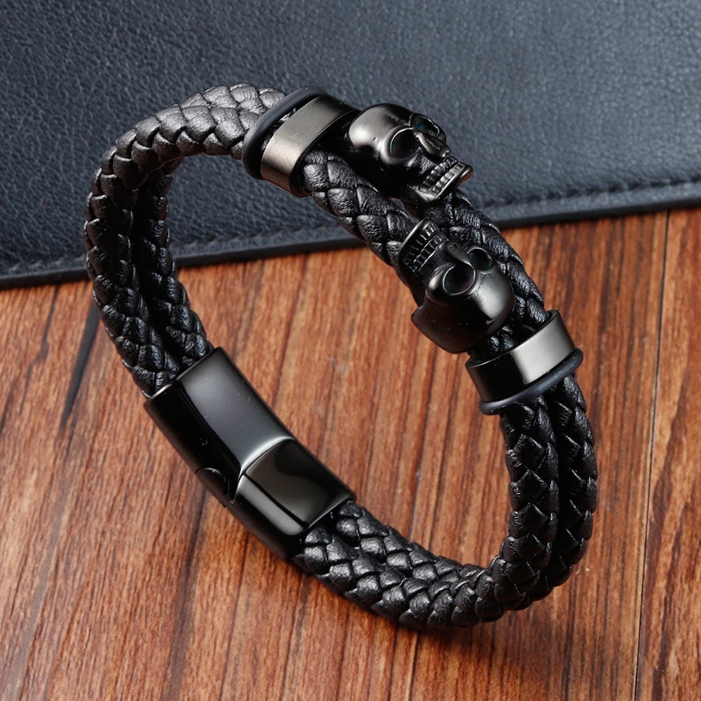 Multi-Layer Punk Stainless Steel Charm Leather Bracelet - Men's Magnetic Skull Bangle. Badass gifts for badass. Badass birthday gifts. Badass Christmas gifts for badasses. Badass skull accessories. Valentine gifts for him. Anniversary gift for him. Anniversary gift for my badass husband. Badass Birthday gift for my badass boyfriend. Badass Birthday gift for my badass husband.