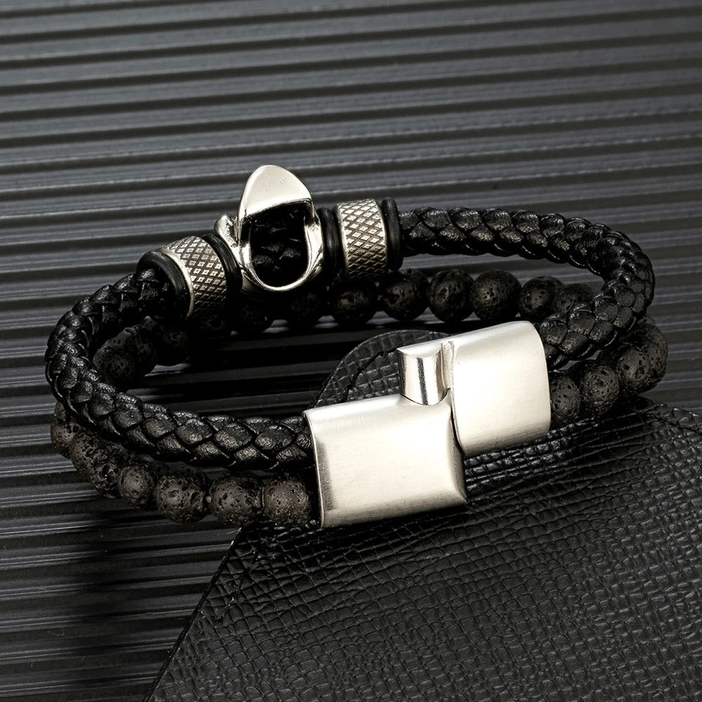 Retro Punk Lava Beaded Skull Leather Bracelet for Men. Badass birthday gifts. Badass Christmas gifts for badasses. Badass skull accessories. Valentine gifts for him and her. Anniversary gift for him and her. Anniversary gift for my badass husband and wife. Badass Birthday gift for my badass boyfriend and girlfriend. Badass Birthday gift for my badass husband and wife. Coolest gift for dad.