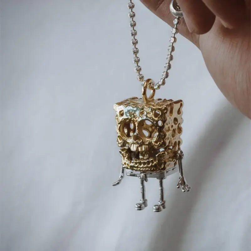 Vintage Gold Skull Pendant Necklace – Unisex Punk Sweater Chain for Couples