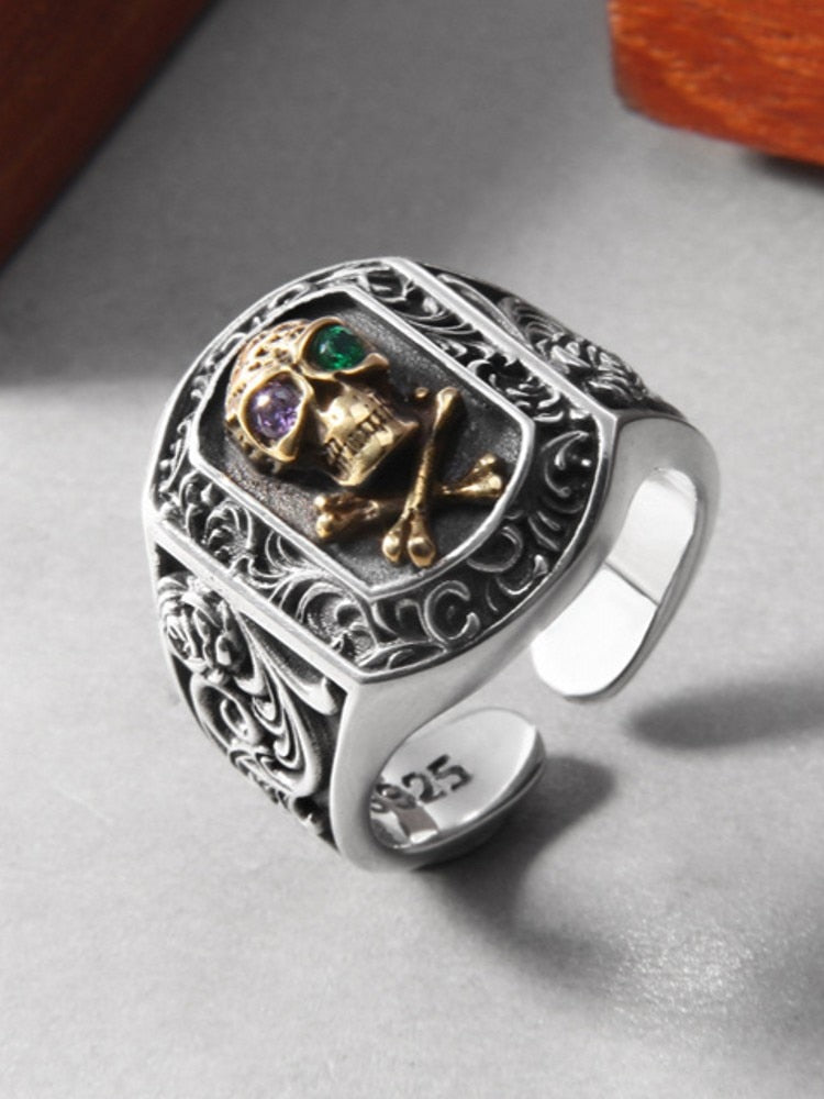 Silver Domineering Tang Grass Skull Ring