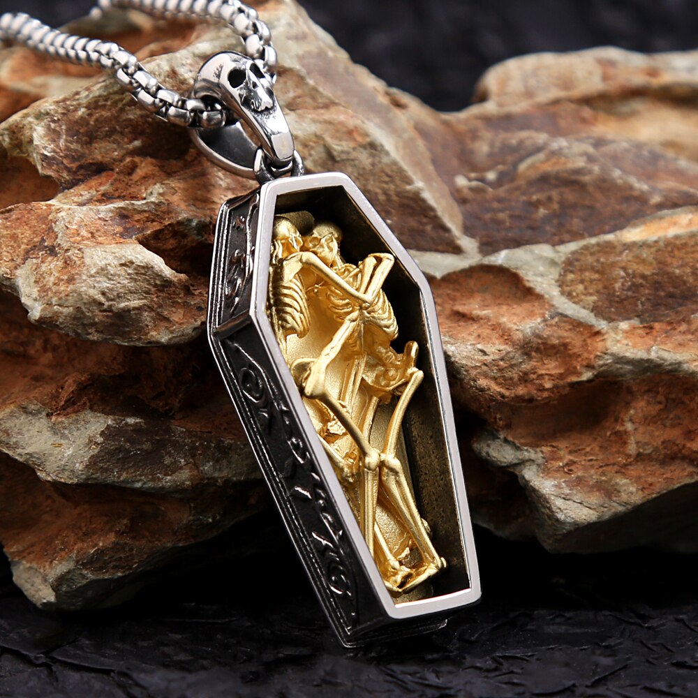 Stainless Steel Vintage Double Skull Coffin Pendant Necklace. Skull Coffin Necklace for women. Skull Coffin Necklace for Men. Badass coffin pendant necklace. Badass skull pendant. Badass skull jewelry. Badass skull accessories.