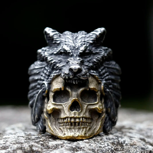 Vintage Stainless Steel Skull and Wolf Head Ring for Men. Badass gifts for badass. Badass birthday gifts. Badass Christmas gifts for badasses. Badass biker skull ring. Badass Biker skull jewelry. Badass skull jewelry. Badass skull accessories. Valentine gifts for him. Anniversary gift for him. Anniversary gift for my badass husband. Badass Birthday gift for my badass boyfriend. Badass Birthday gift for my badass husband.