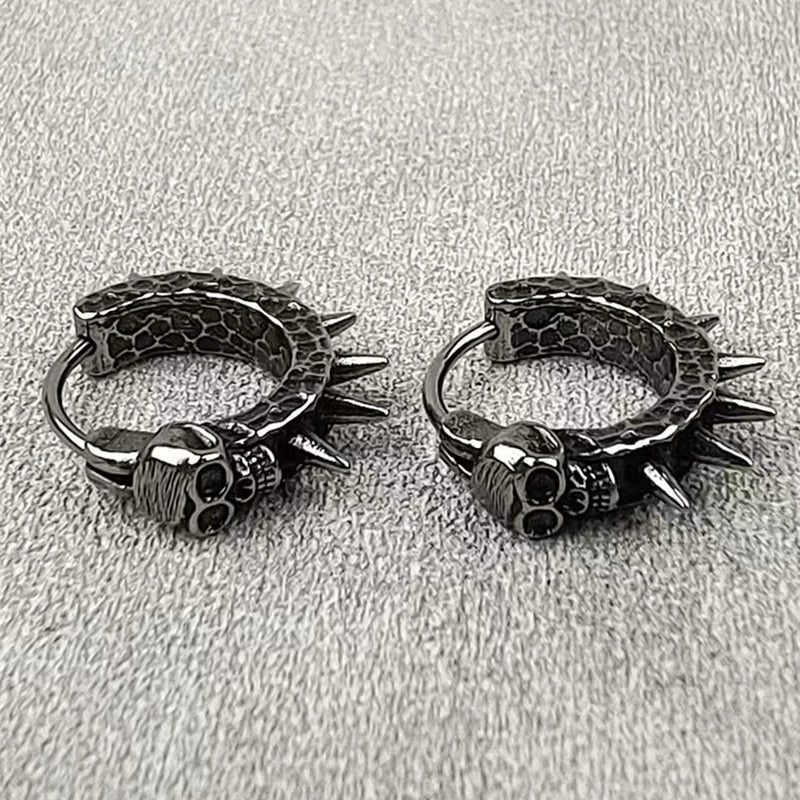 Vintage Black Skull Awl Round Earrings - Gothic Biker Punk Hip Hop Rock Jewelry