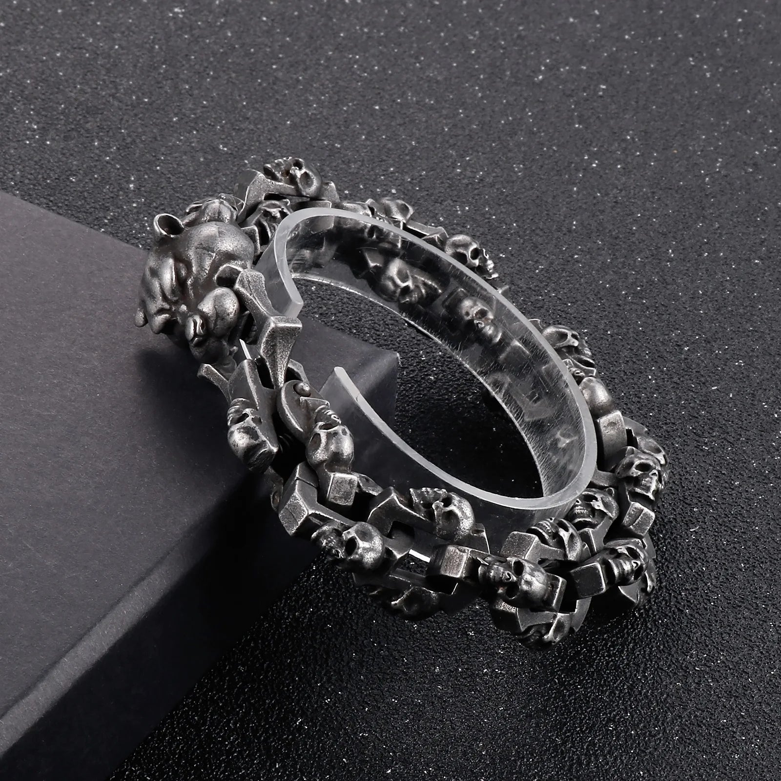 Gothic Ghost Matte Steel Bracelet with Bull Dog Accent. Badass bracelet for men. Cool gift for cool man. Badass gift for bikers. Badass jewelry. Badass biker skull jewelry. Badass skulll accessories. Badass gift for badass. Badass skull accessories. Badass skull jewelry. Christmas gift for badass. Christmas gift for bikers. Christmas gifts for tattoo artists.