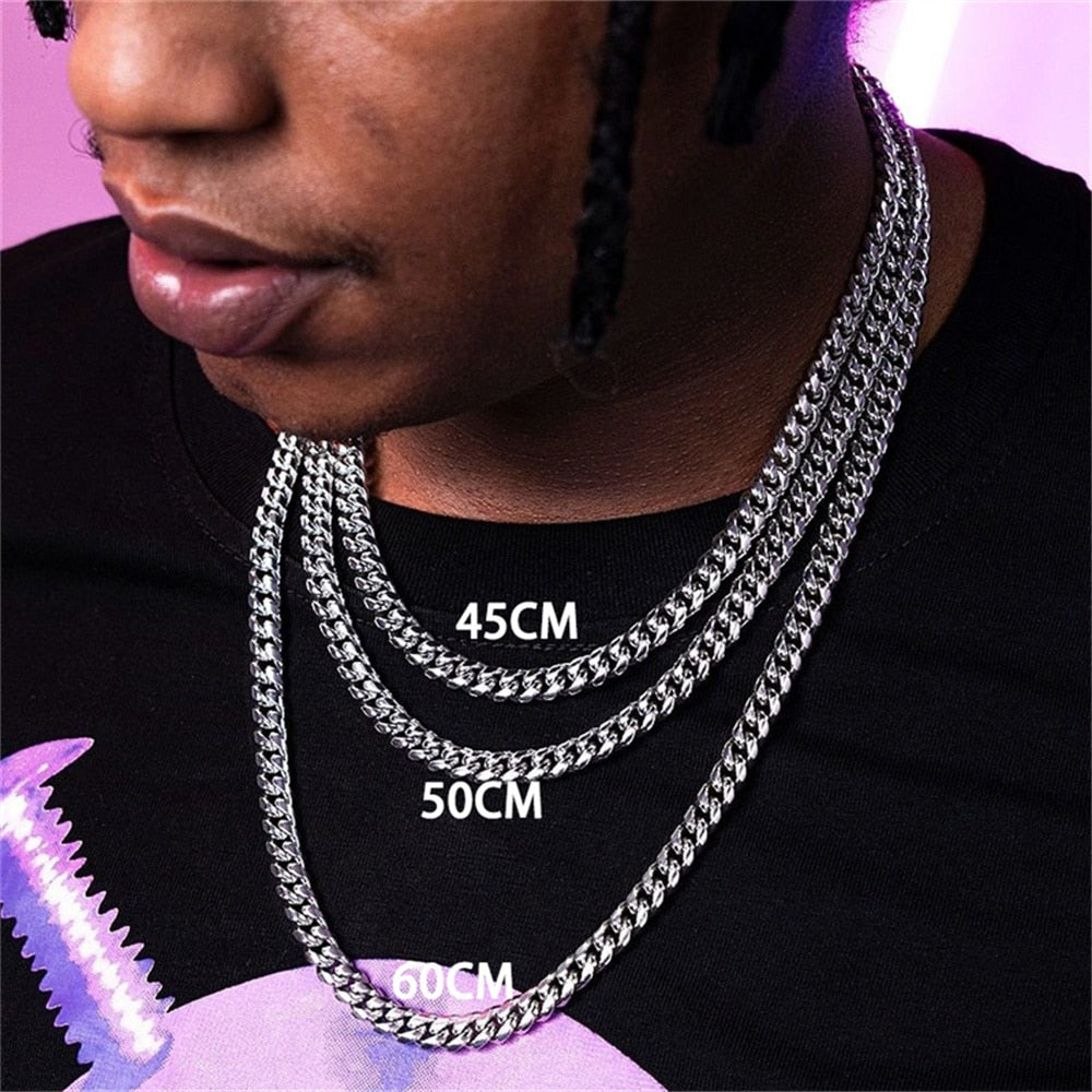 Punk Stainless Steel Curb Cuban Necklaces - Silver, Black & Gold Options - 3mm, 5mm, 7mm Widths. Chain Necklace for men. Chain necklaces for women. Badass skull accessories. Badass skull jewelry.