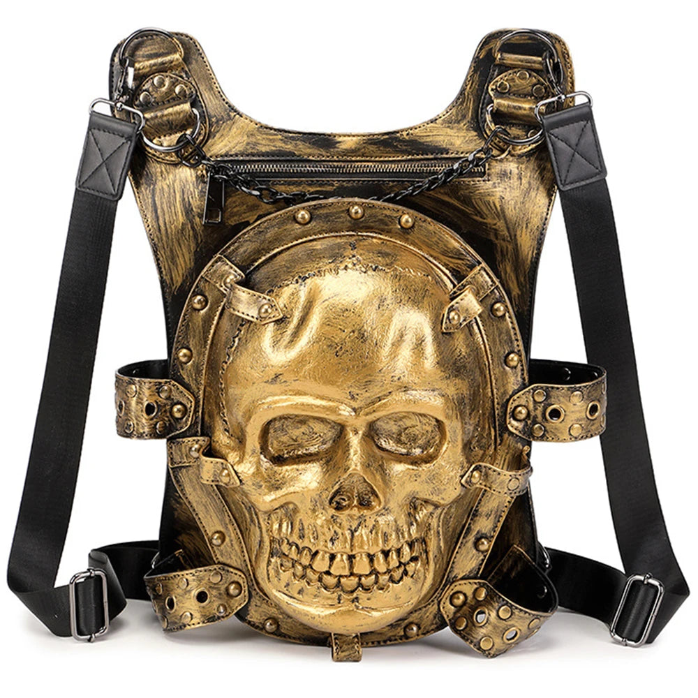 Cool Unisexs 3D Skull Backpack ,leisure Backpack , Chain Handle Bag Gold