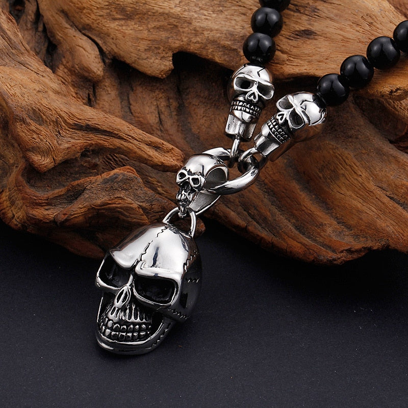 Punk Skull Glass Beads Chain Necklace. Badass biker necklaces. Badass biker jewelry. Badass skull accessories.