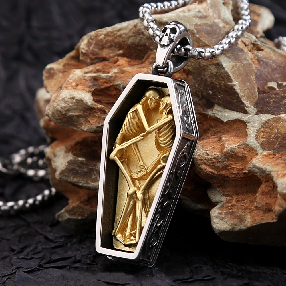 Stainless Steel Vintage Double Skull Coffin Pendant Necklace. Skull Coffin Necklace for women. Skull Coffin Necklace for Men. Badass coffin pendant necklace. Badass skull pendant. Badass skull jewelry. Badass skull accessories.