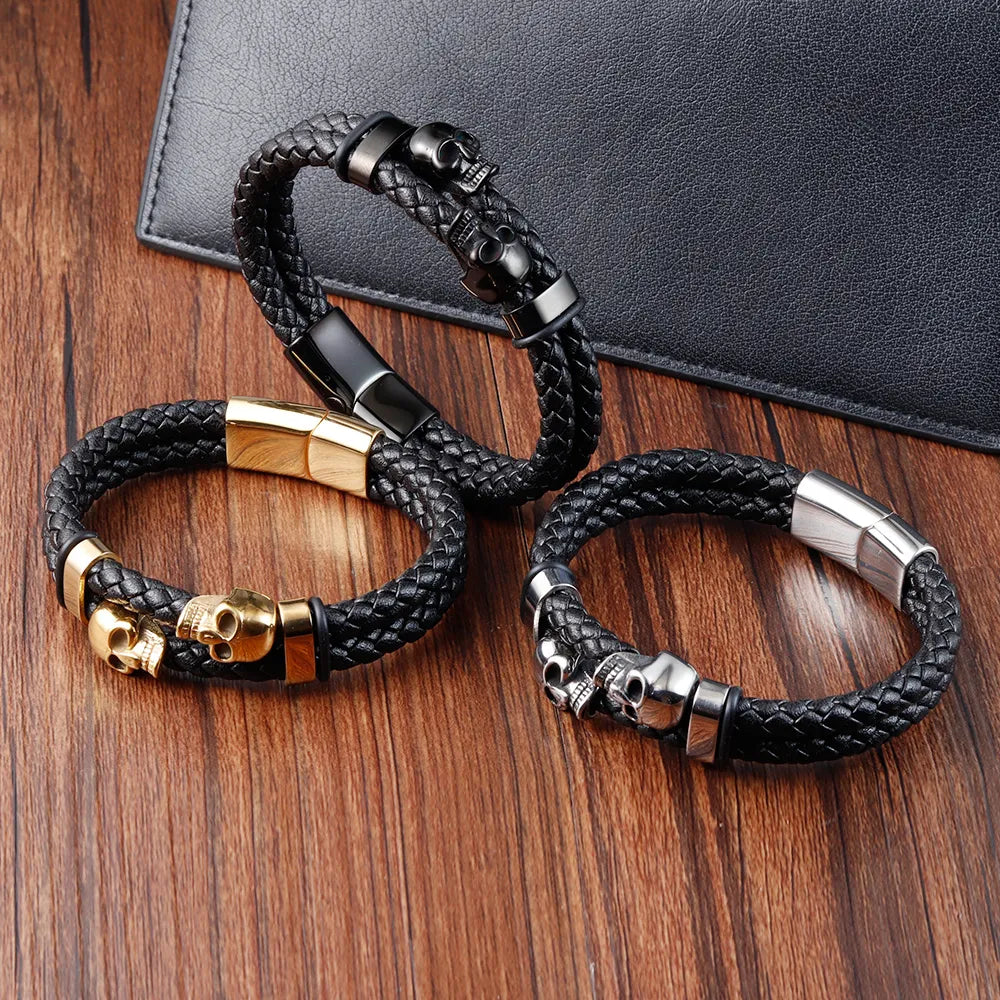 Multi-Layer Punk Stainless Steel Charm Leather Bracelet - Men's Magnetic Skull Bangle. Badass gifts for badass. Badass birthday gifts. Badass Christmas gifts for badasses. Badass skull accessories. Valentine gifts for him. Anniversary gift for him. Anniversary gift for my badass husband. Badass Birthday gift for my badass boyfriend. Badass Birthday gift for my badass husband.