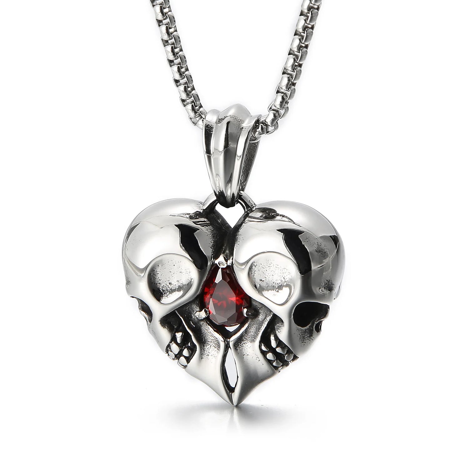 316L Stainless Steel Love Heart Skull Red Gemstone Pendant Necklace. Badass skull pendant for men. Badass gifts for badass. Badass birthday gifts. Badass Christmas gifts for badasses. Badass biker skull pendant necklace. Badass sbiker skull jewelry. Badass skull jewelry. Badass skull accessories.