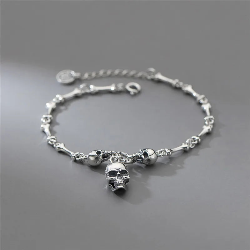 Retro Elegance: 925 Sterling Silver Women's Skull Bone Chain Bracelet