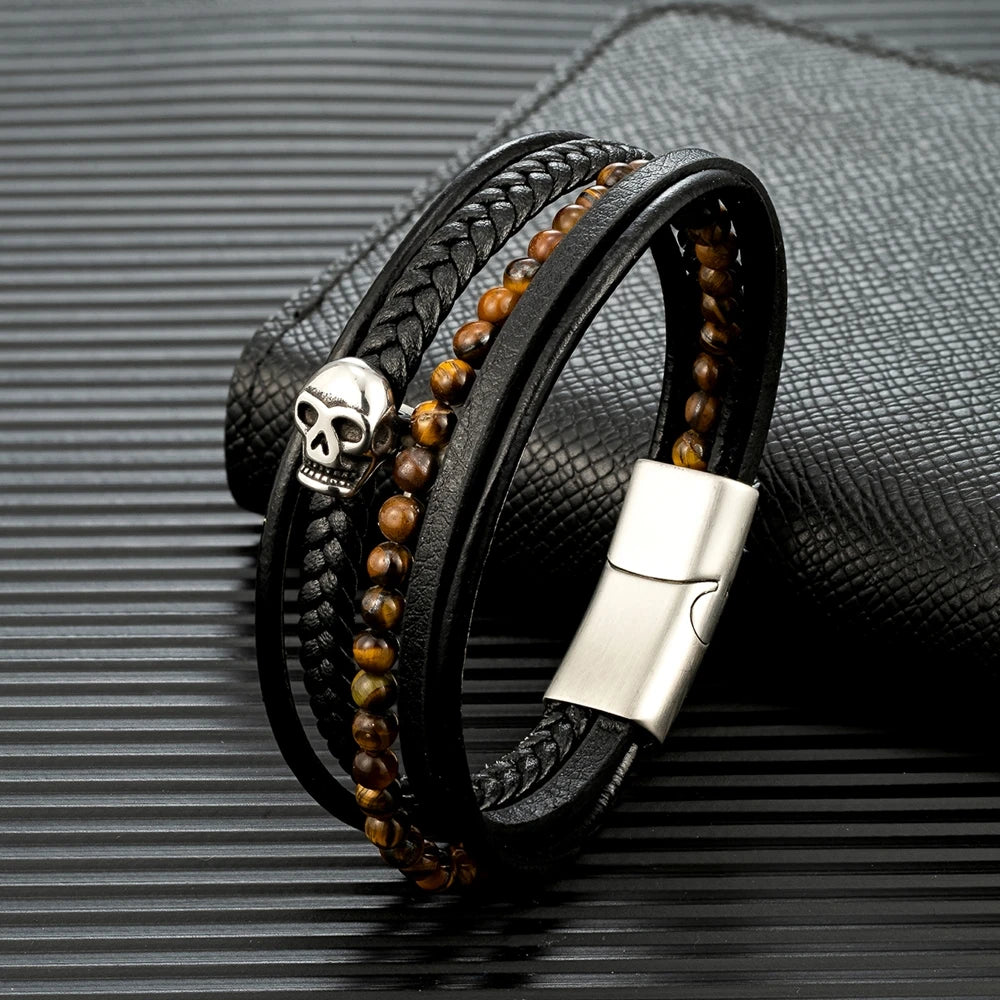 Retro Punk Lava Beaded Skull Leather Bracelet for Men. Badass birthday gifts. Badass Christmas gifts for badasses. Badass skull accessories. Valentine gifts for him and her. Anniversary gift for him and her. Anniversary gift for my badass husband and wife. Badass Birthday gift for my badass boyfriend and girlfriend. Badass Birthday gift for my badass husband and wife. Coolest gift for dad.