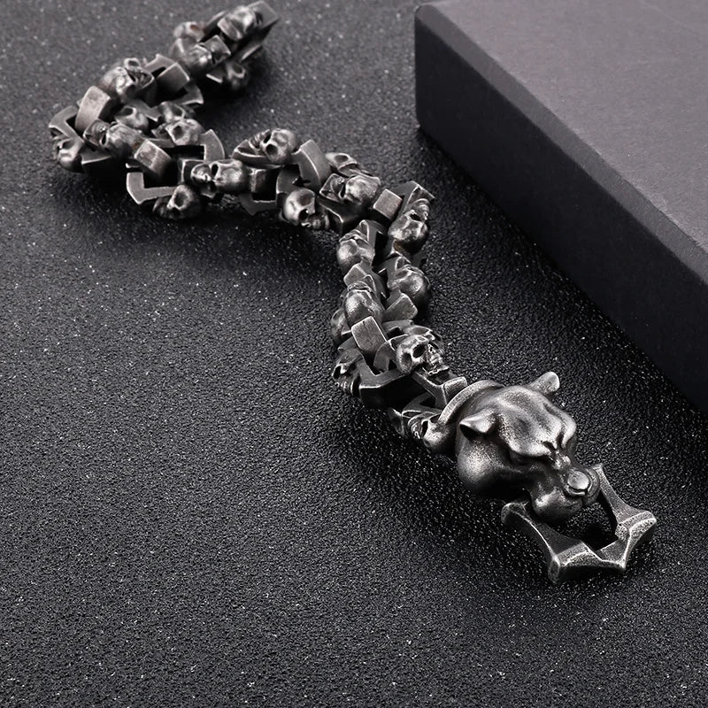 Gothic Ghost Matte Steel Bracelet with Bull Dog Accent. Badass bracelet for men. Cool gift for cool man. Badass gift for bikers. Badass jewelry. Badass biker skull jewelry. Badass skulll accessories. Badass gift for badass. Badass skull accessories. Badass skull jewelry. Christmas gift for badass. Christmas gift for bikers. Christmas gifts for tattoo artists.