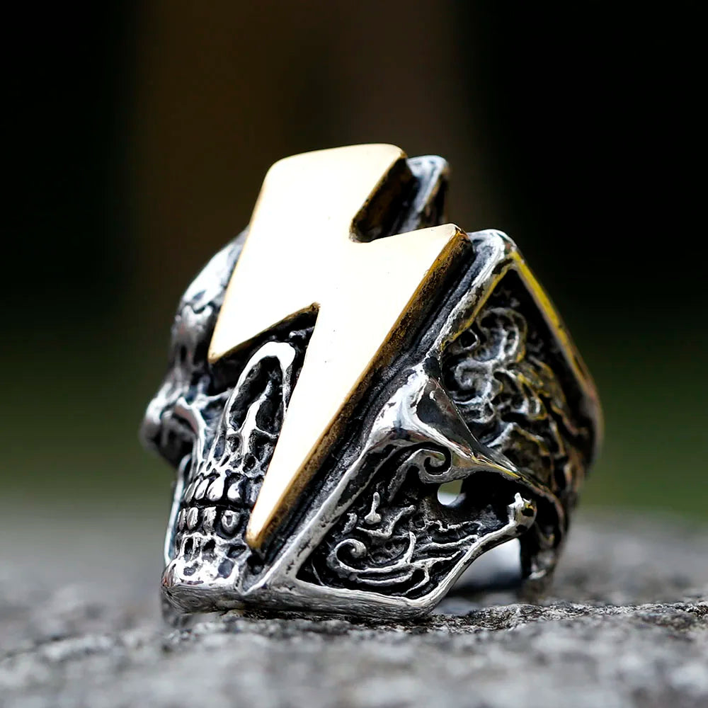 Thunderstrike Skull Ring – Bold Biker Jewelry with Lightning Bolt for Men & Women