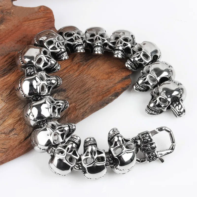 Stainless Steel Skull Charm Men's Hand Bracelet. Badass skull bracelet. Badass skull jewelry. Badass biker skull bracelets. Best gifts for badass.