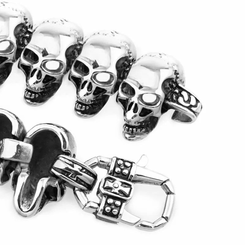 Stainless Steel Skull Charm Men's Hand Bracelet. Badass skull bracelet. Badass skull jewelry. Badass biker skull bracelets. Best gifts for badass.