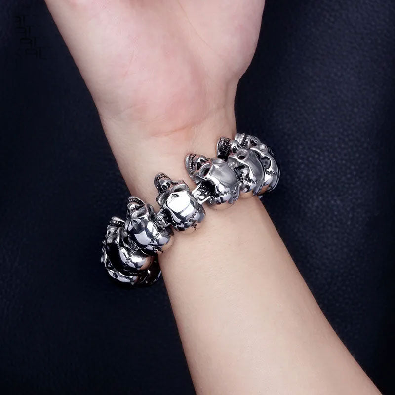 Stainless Steel Skull Charm Men's Hand Bracelet. Badass skull bracelet. Badass skull jewelry. Badass biker skull bracelets. Best gifts for badass.
