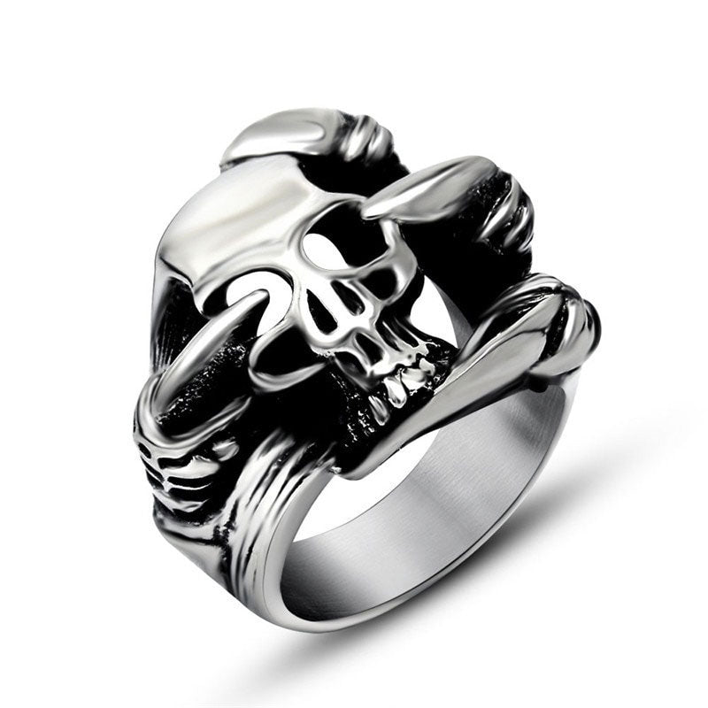 Stainless Steel Black Silver Skull Head Ring. Claw Skull Ring for men. Claw skull ring for women. Badass skull rings. Badass skull jewelry. Badass skull accessories.