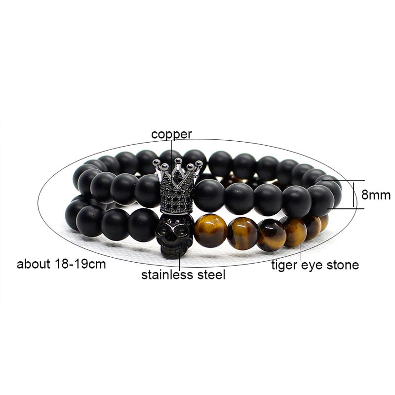 2 Pieces Set Stone Beads Crown Skull Bracelet. badass beads skull and crown bracelet. badass skull bracelets. badass skull jewelry. badass skull accessories. Skull bracelets for men. Christmas gifts for badass. Christmas gifts for bikers.