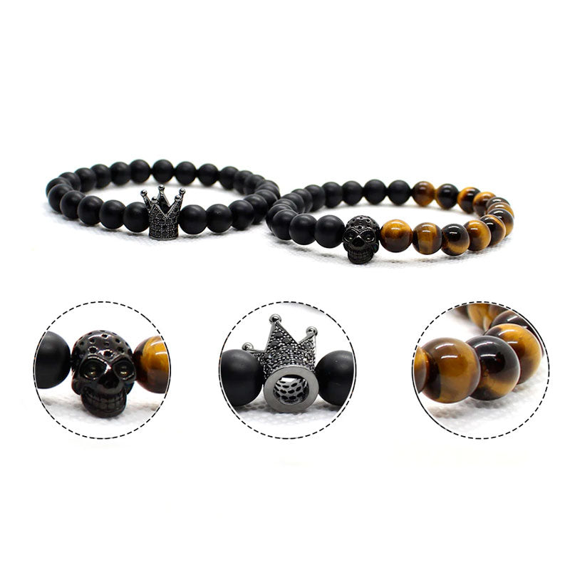2 Pieces Set Stone Beads Crown Skull Bracelet. badass beads skull and crown bracelet. badass skull bracelets. badass skull jewelry. badass skull accessories. Skull bracelets for men. Christmas gifts for badass. Christmas gifts for bikers.