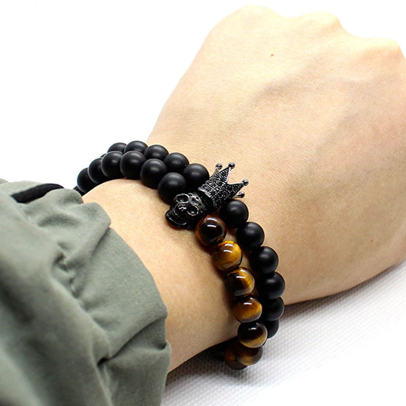 2 Pieces Set Stone Beads Crown Skull Bracelet. badass beads skull and crown bracelet. badass skull bracelets. badass skull jewelry. badass skull accessories. Skull bracelets for men. Christmas gifts for badass. Christmas gifts for bikers.