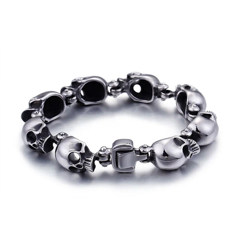 316 Stainless Steel Skull Heads Charm Bracelet. Badass skull bracelets. Badass skull jewelry. Badass skull accessory. Badass biker skull bracelet. Badass biker bracelets.