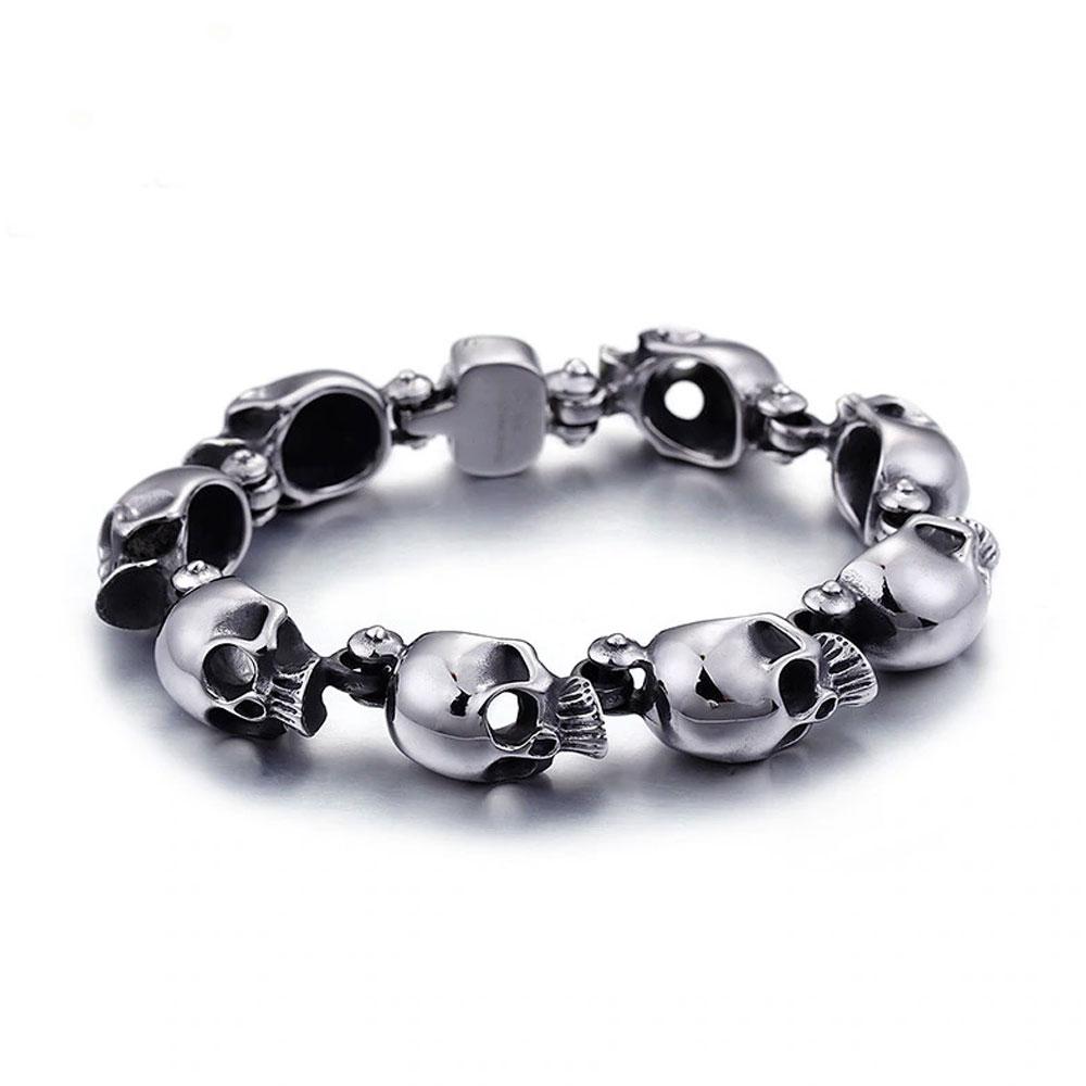 316 Stainless Steel Skull Heads Charm Bracelet. Badass skull bracelets. Badass skull jewelry. Badass skull accessory. Badass biker skull bracelet. Badass biker bracelets.