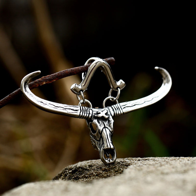 316L Stainless Steel Texas Longhorn Skull Pendant. Badass Texas Longhorn Skull Pendant. Badass skull pendant. Badass biker skull pendant. Badass skull accessories. Badass biker skull jewelry.
