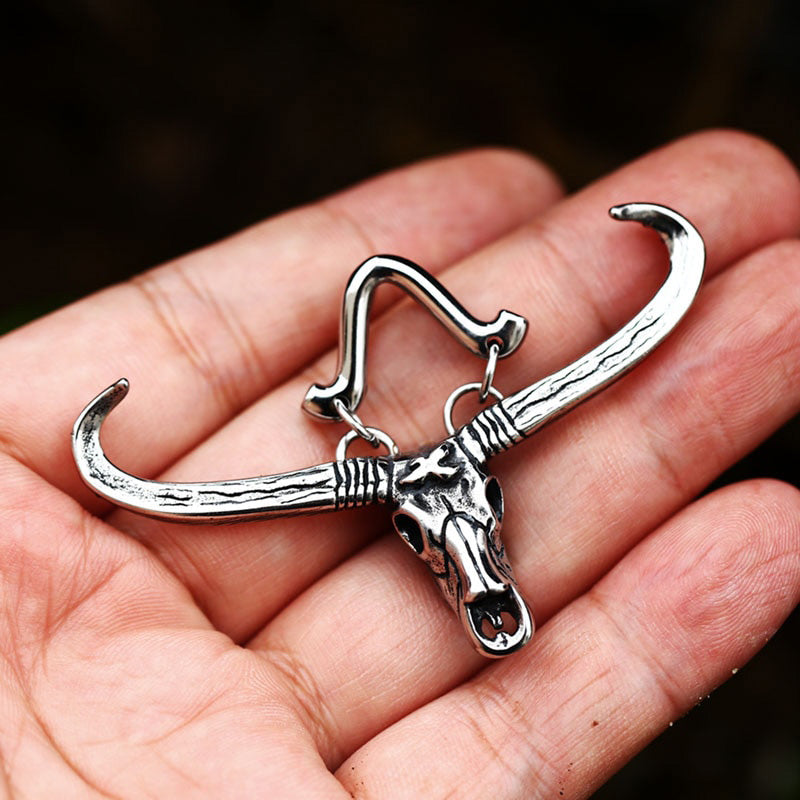 316L Stainless Steel Texas Longhorn Skull Pendant. Badass Texas Longhorn Skull Pendant. Badass skull pendant. Badass biker skull pendant. Badass skull accessories. Badass biker skull jewelry.