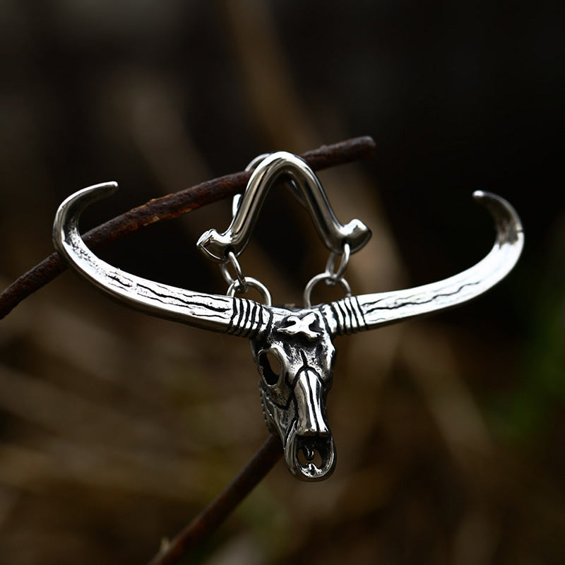 316L Stainless Steel Texas Longhorn Skull Pendant. Badass Texas Longhorn Skull Pendant. Badass skull pendant. Badass biker skull pendant. Badass skull accessories. Badass biker skull jewelry.