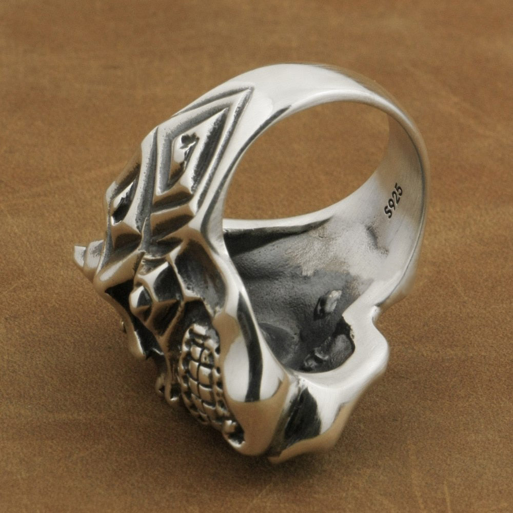 925 Sterling Silver Carved Fighter Skull Ring
