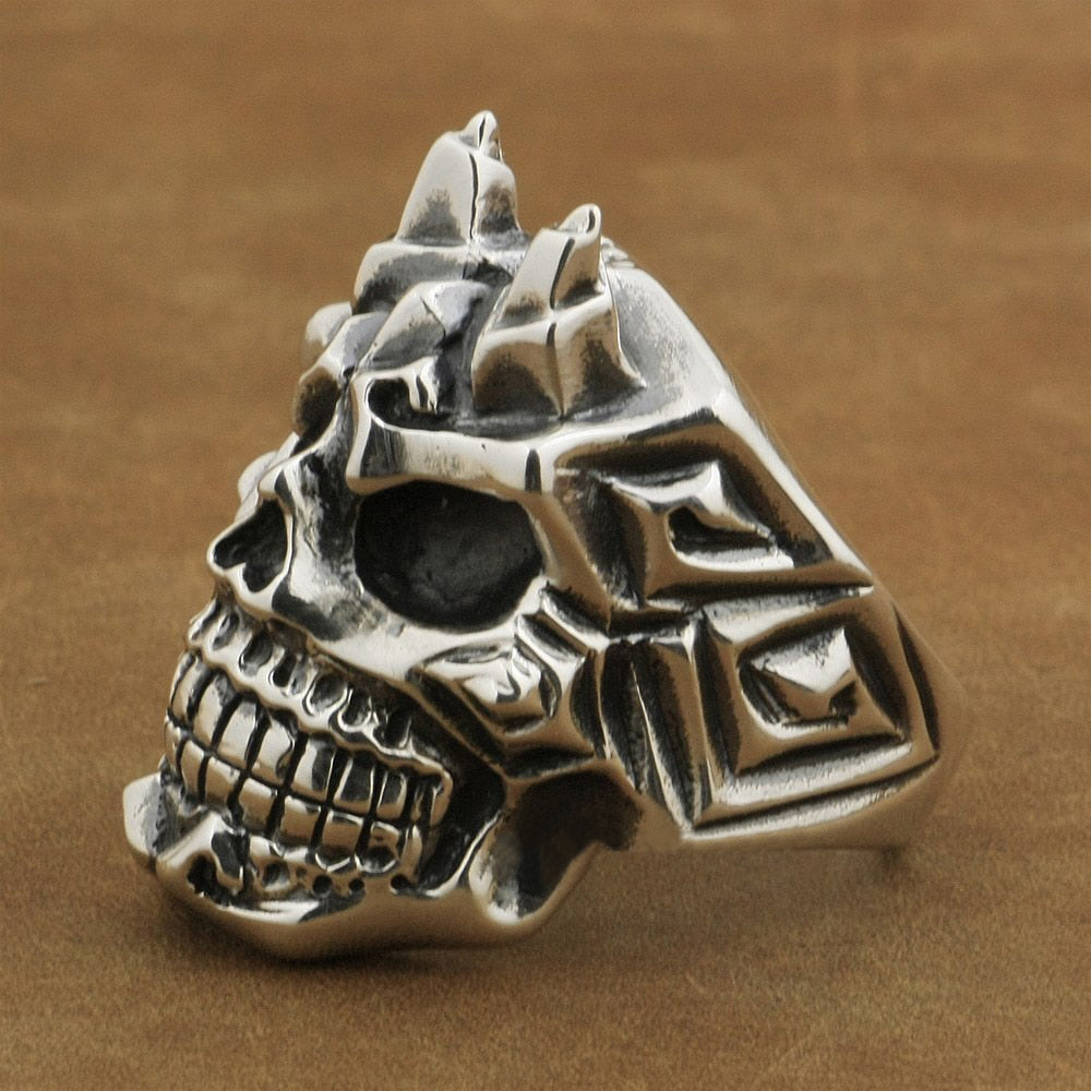 925 Sterling Silver Carved Fighter Skull Ring