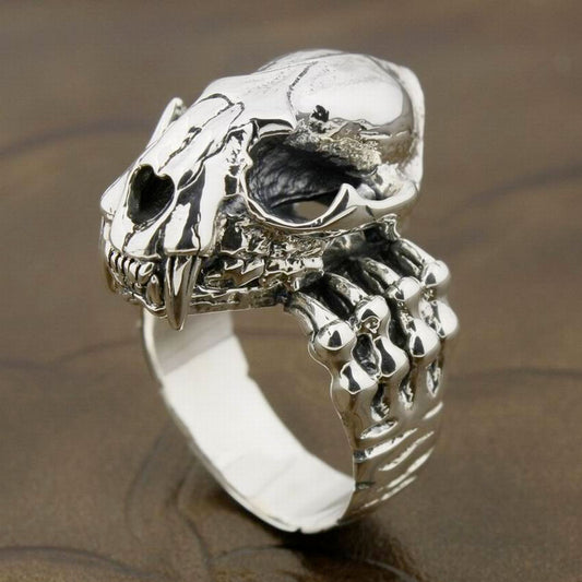 925 Sterling Silver Tiger Tusk Skull Biker Ring