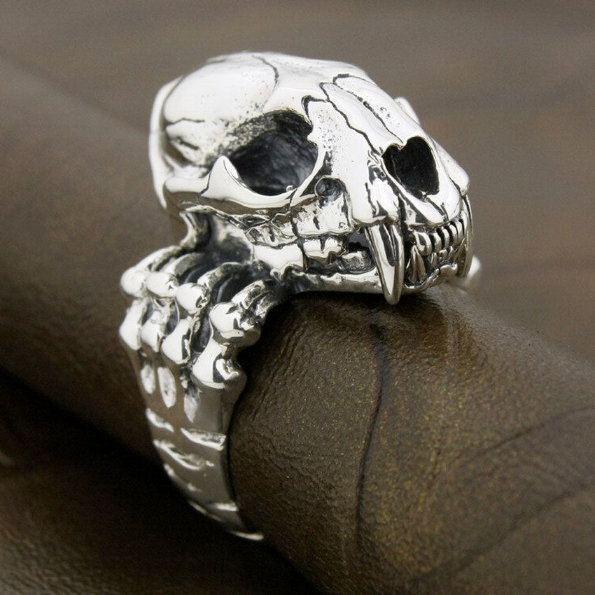 925 Sterling Silver Tiger Tusk Skull Biker Ring