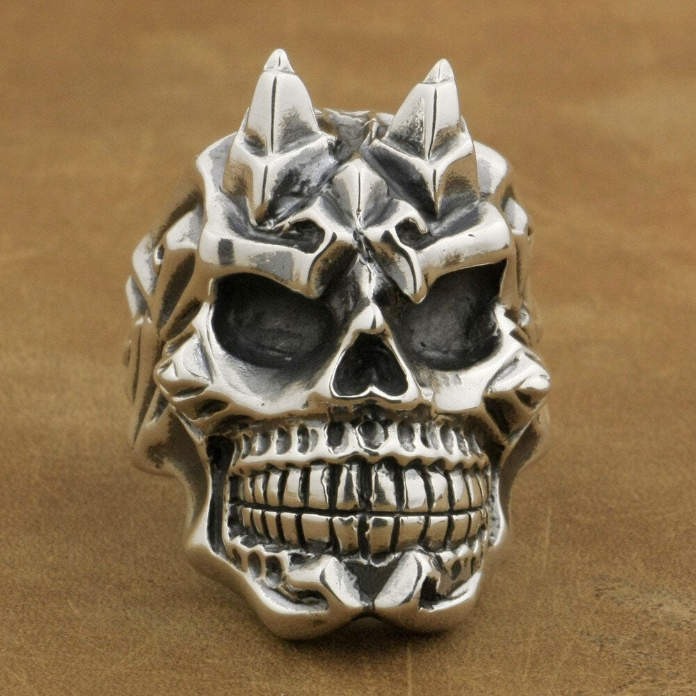 925 Sterling Silver Carved Fighter Skull Ring