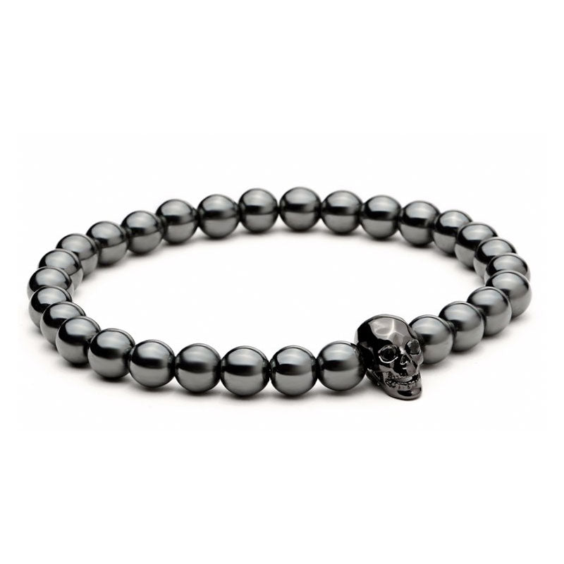 Black Hematite Stone Bead Skull Bracelet-black