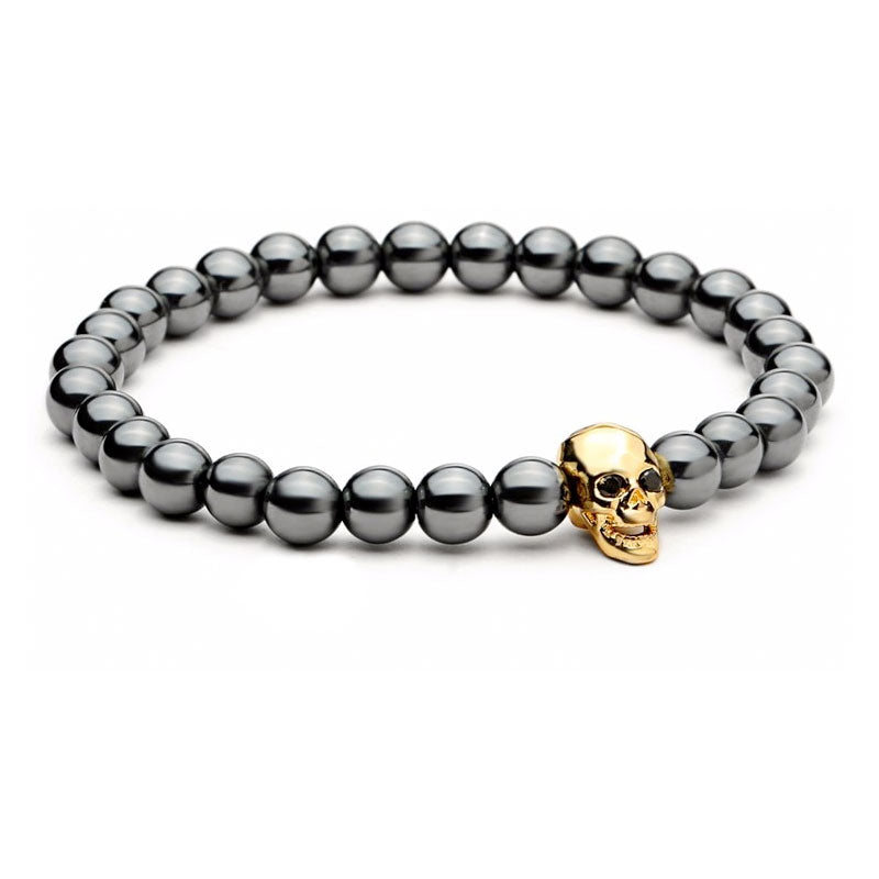 Black Hematite Stone Bead Skull Bracelet - gold