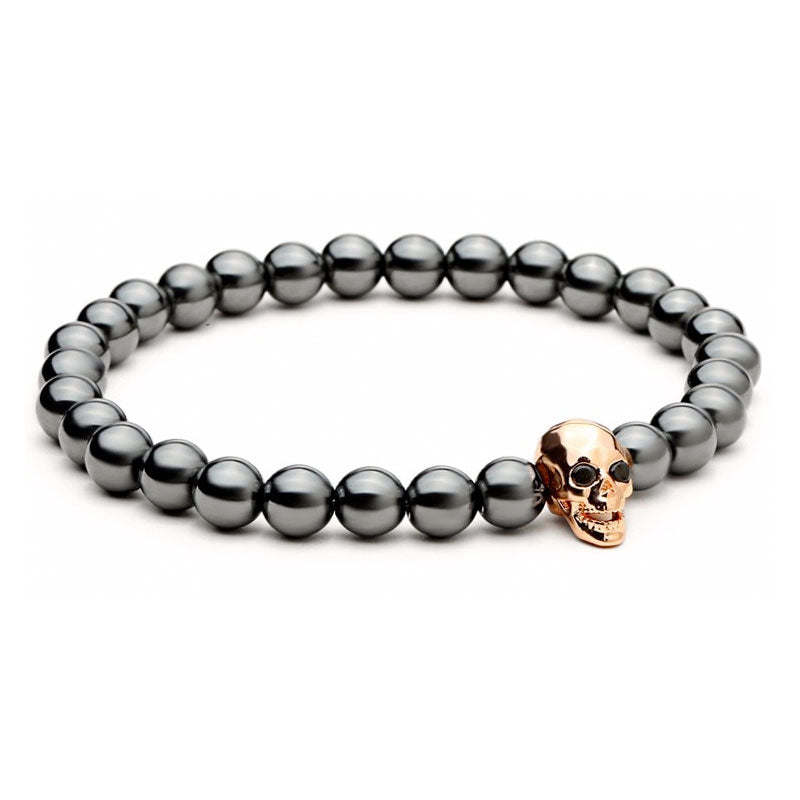 Black Hematite Stone Bead Skull Bracelet-rose-gold