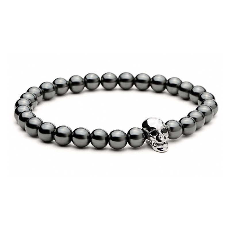 Black Hematite Stone Bead Skull Bracelet-silver