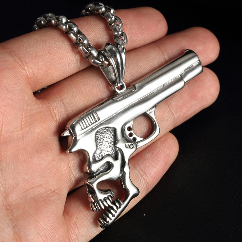 Hip Hop Pistol Skull Pendant Necklace. Badass skull jewelry. Badass skull accessories.