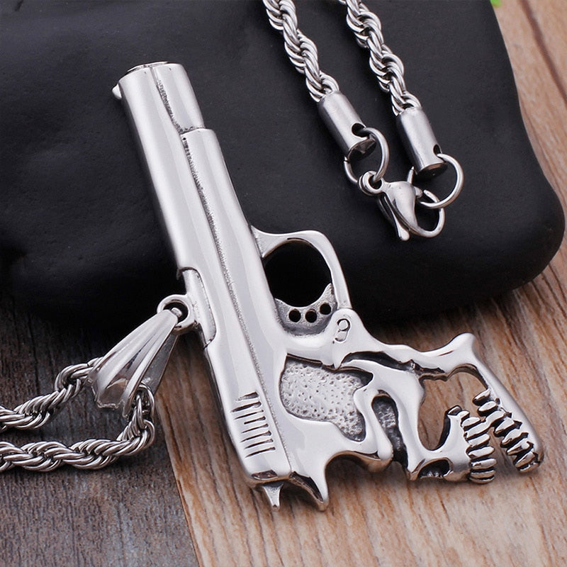 Hip Hop Pistol Skull Pendant Necklace. Badass skull jewelry. Badass skull accessories.