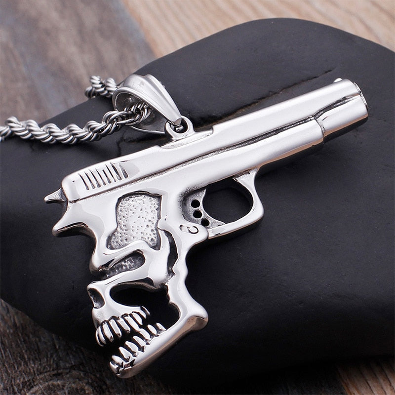 Hip Hop Pistol Skull Pendant Necklace. Badass skull jewelry. Badass skull accessories.