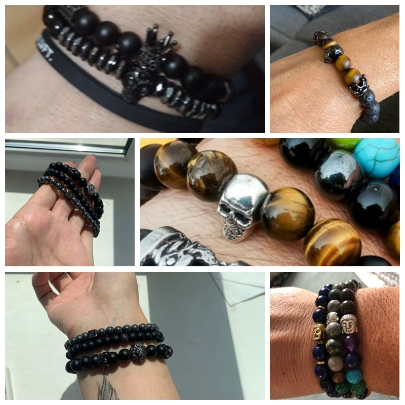 Bracelets with Mixed Natural Stone Skull Charms