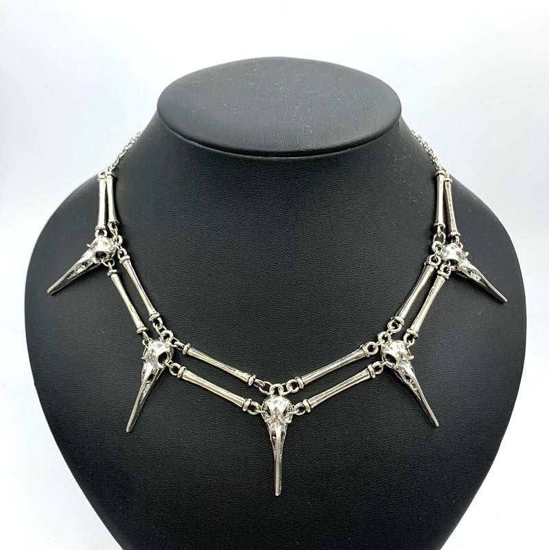 Antiqued Silver Bird Skull Necklace
