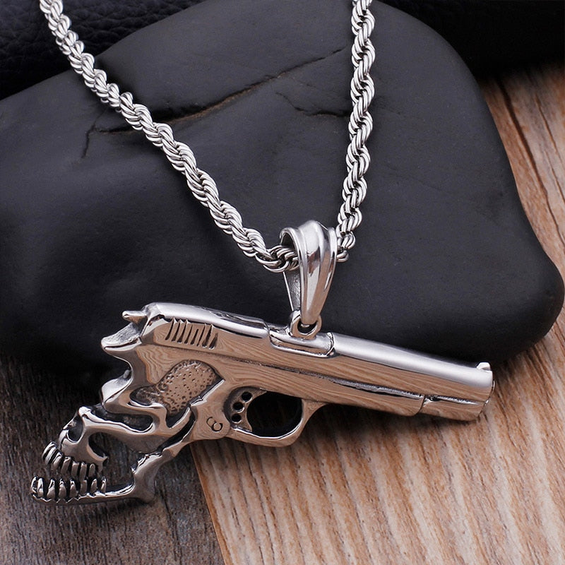 Hip Hop Pistol Skull Pendant Necklace. Badass skull jewelry. Badass skull accessories.