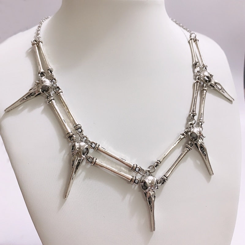 Antiqued Silver Bird Skull Necklace