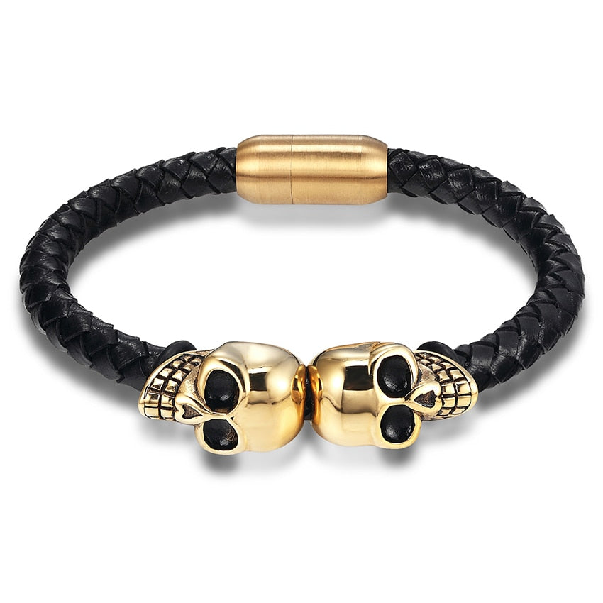 Braided Leather Double Skull Bracelets. Badass Biker Skull bracelet. Badass biker bracelet. Badass Skull Accessories. Badass skull jewelry.