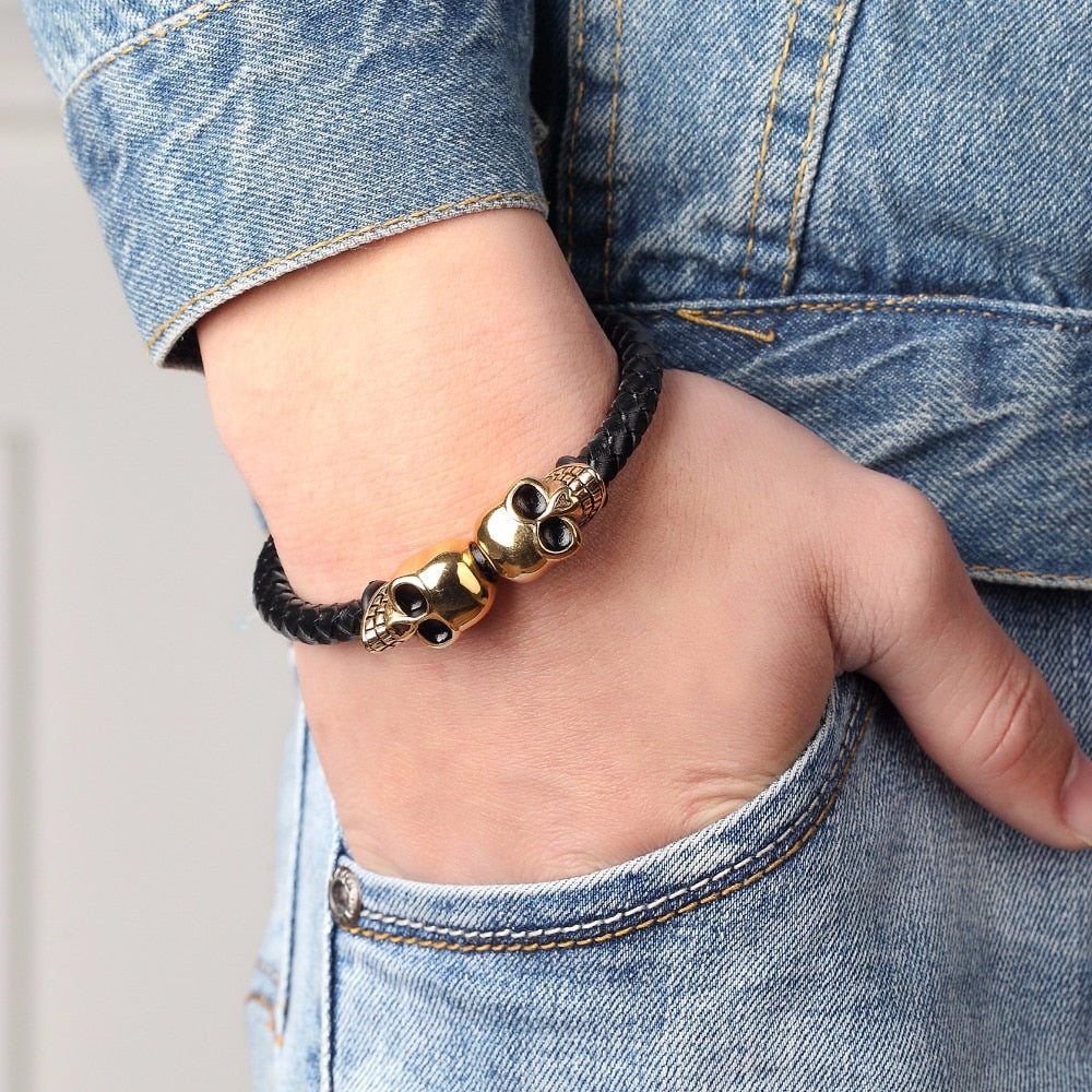 Braided Leather Double Skull Bracelets. Badass Biker Skull bracelet. Badass biker bracelet. Badass Skull Accessories. Badass skull jewelry.